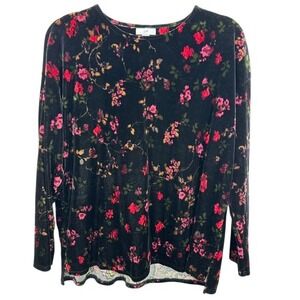 J. Jill Black Velvet Floral Print Long Sleeve Top Soft Comfortable Size Medium
